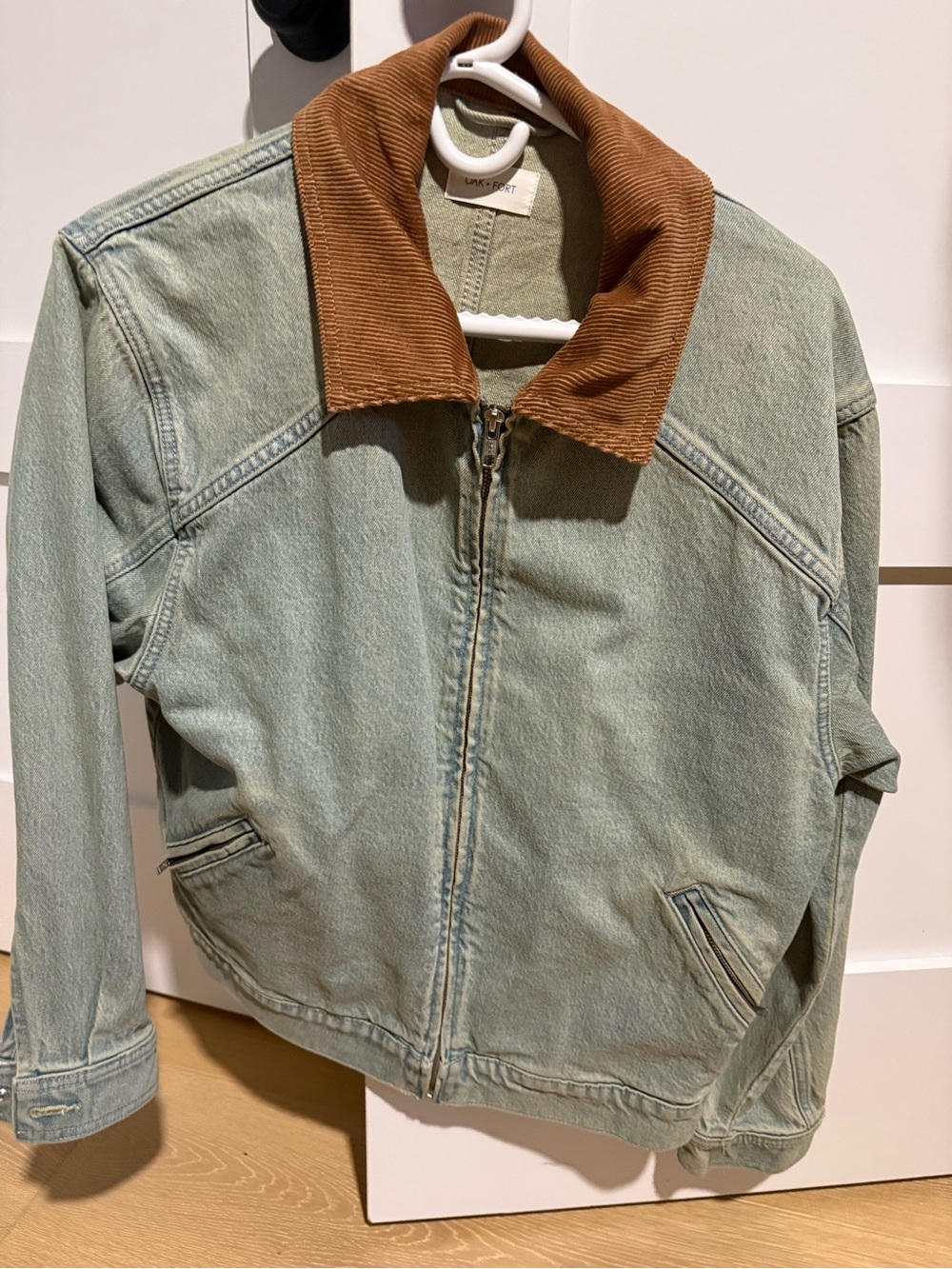OAK + FORT Mint Green Denim Jacket with Brown Corduroy Collar